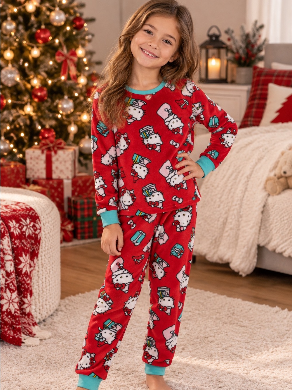 Hello Kitty Holiday Pyjama Set Girls Medium 7-8 Red Fleece Christmas PJs